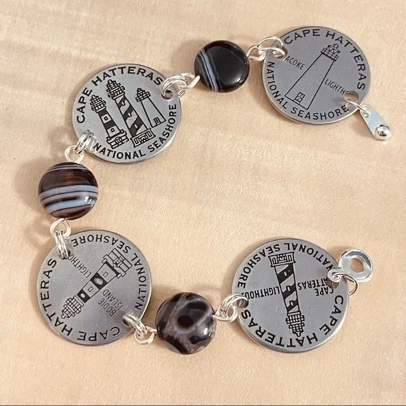 Mixed Metal Lighthouse Black Agate Statement Bracelet 7.5β Travel Vacation - Picture 3 of 8